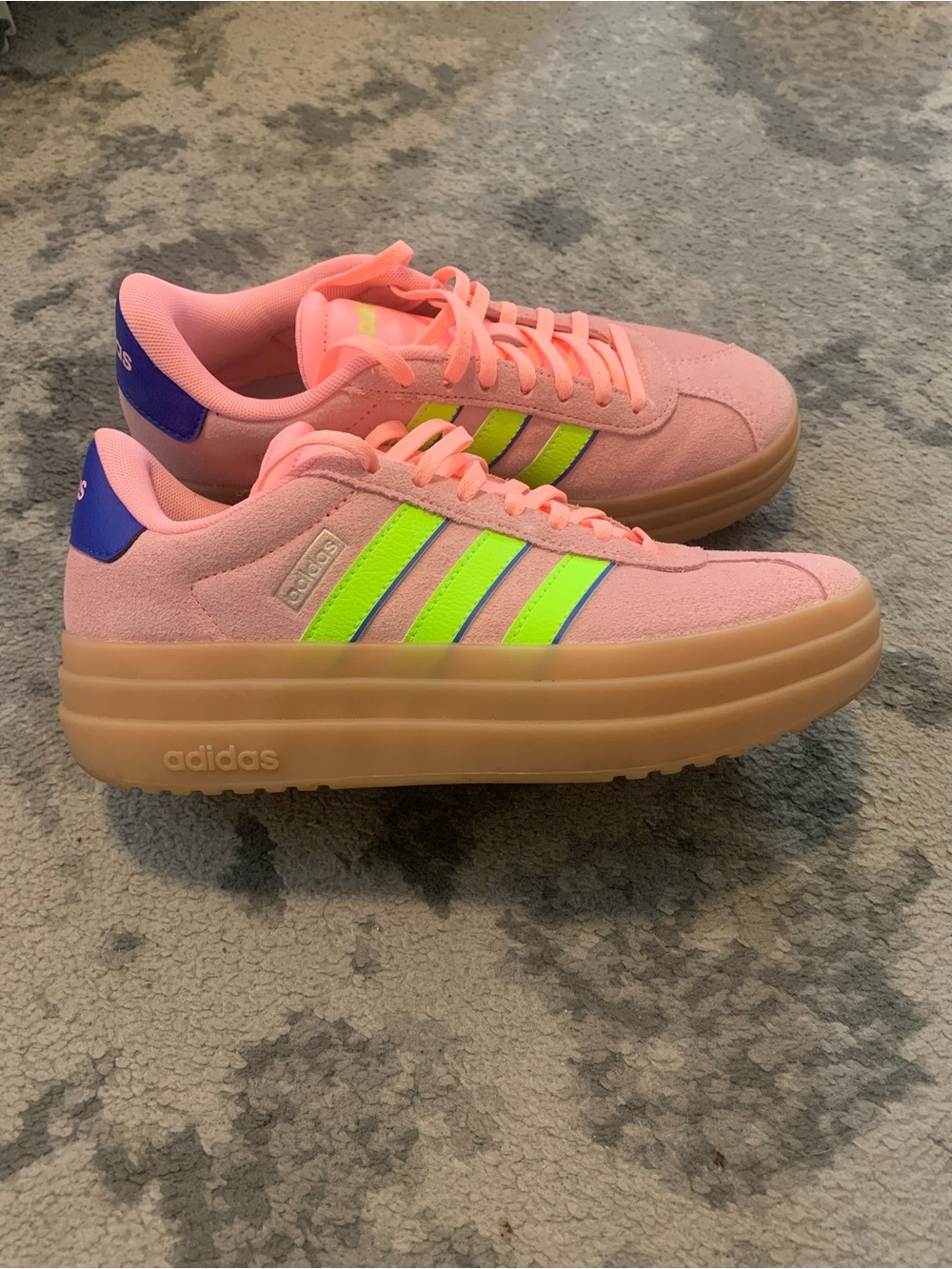 adidas Pink Suede Platform Sneakers with Neon Yellow Stripes and Blue Heel